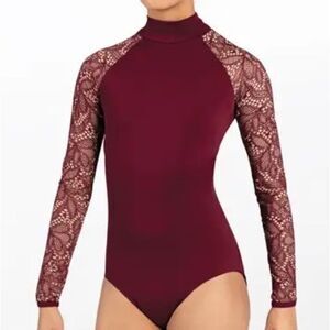 WEISSMAN Balera Dance Costume LEOTARD WITH LACE LONG SLEEVES red MT10292 MC